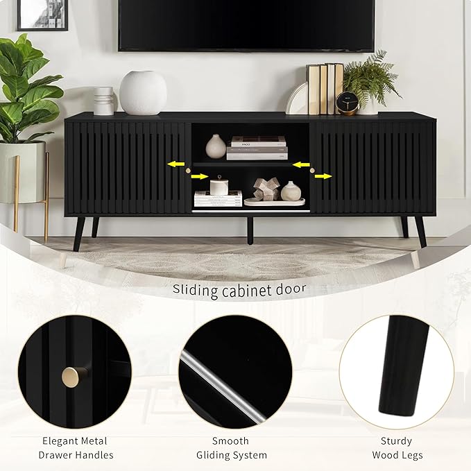 Oubayajia Mid Century Modern TV Stand for Televisions up to 70 Inches, with Sliding Doors and Storage, Television Stands, TV Consoles, Media Consoles for Living Room, 63 Inch (Black)