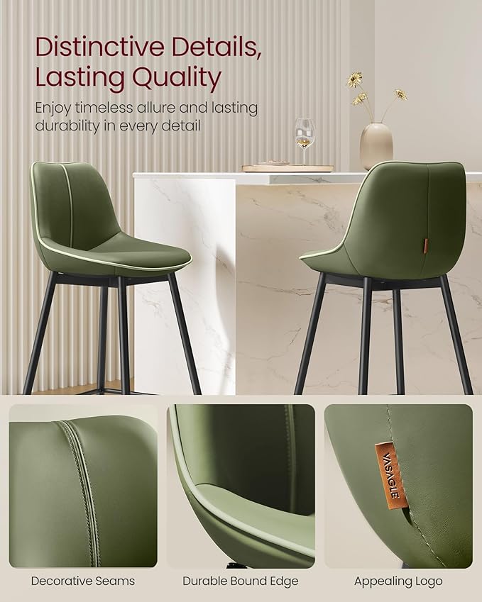 VASAGLE Bar Stools Set of 4, Bar Height Bar Stools with Back, Ergonomic Backrest, Synthetic Leather, Metal Legs, 28.5-Inch Tall Barstools for Kitchen Island Home Bar, Easy Assembly, Forest Green