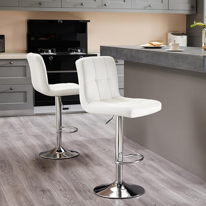 Sweetcrispy Bar Stools Set of 2, Armless PU Leather Adjustable Swivel Barstools, Hydraulic Kitchen Counter Height Thickened Seat Cushion Square Island Countertop Chairs with Back, White