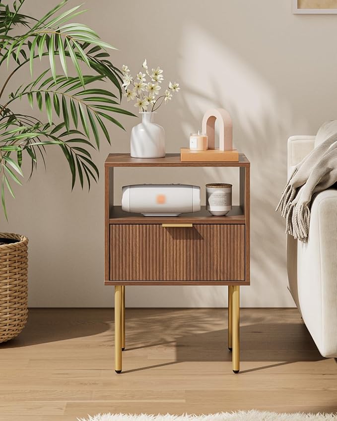 Aienvey Night Stand, Modern Nightstand with Drawers, Bedside Table, Gold Small Side Table for Bedroom, Living Room End Table (Walnut Stripe, 1 Drawer)
