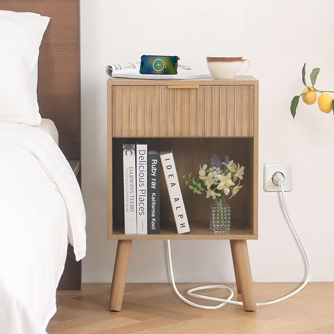 Fultyle Wood Nightstand with Charging Station, Bedside Table with Fluted Drawers and Outlet, Boho Night Stand for Bedroom, Living Room, Office (Rustic Walnut)