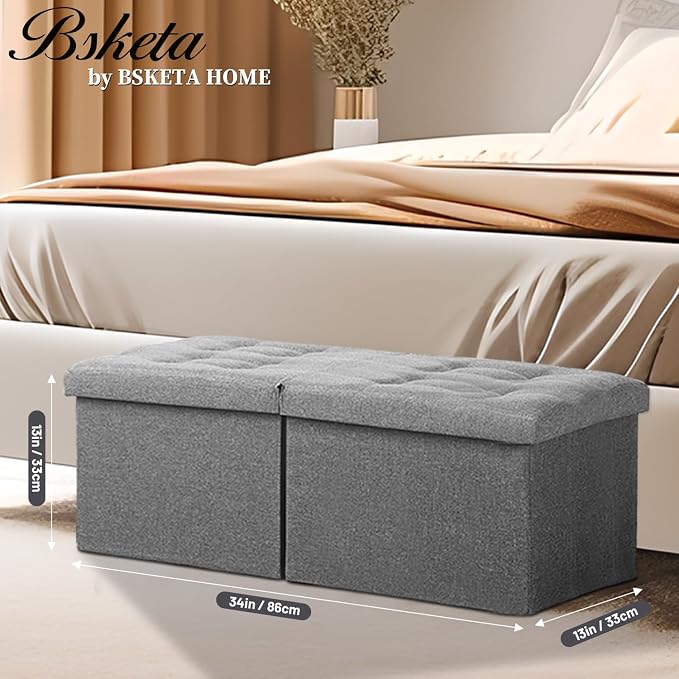 Bsketa Storage Ottoman Bench with Folding Lid Ⅲ, Foot Stools Opens on Both Ends, Footrest Foldable Linen Chest for Living Room, Bedroom, Entryway, End of Bed Storage Blanket Ottomans Dark Gray