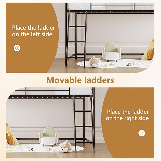 JOYMOR Low Loft Bed with Inclined Ladder, Metal Twin Size Bed Frame with 15” High Guardrail for Boys Girls, Junior, Space Saving, Mattress Not Included (Black)