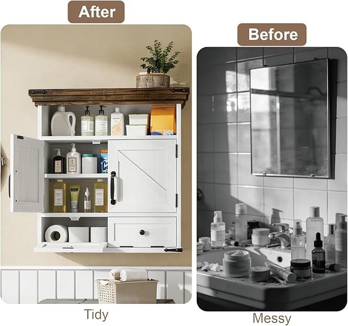 Bathroom Wall Cabinet, Farmhouse Medicine Cabinet with Door, 8.9"D x 25.6"W x 24.8"H, Wall Mounted Bathroom Cabinet with Adjustable Shelf, Wall Storage Cabinet for Laundry Room & Kitchen(White)