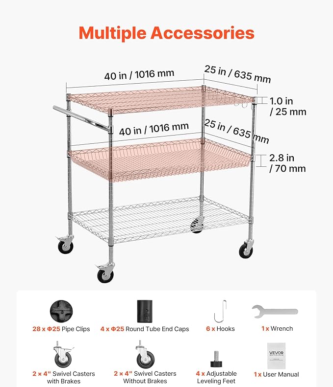 VEVOR Kitchen Utility Cart, 3 Tier Heavy Duty Adjustable Wire Storage Rack, Commercial Steel Rolling Service Trolley on Wheels, Work Table with Handle Bar, for Garage and Laundry Room, 40x25x40.9 in