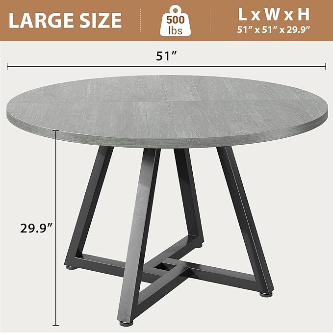 Jocoevol 51" Round Dining Table Kitchen Dining Room Circle Dinner Pedestal Table for 4 6 8, Space Saving Wood Kitchen & Dining Room Furniture (Grey)
