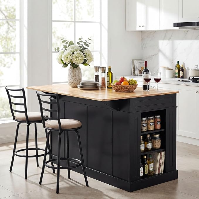 Giantex Kitchen Island with Storage & Drop Leaf, 48" Stationary Island Table with Rubber Wood Top, 2 Drawers, Cabinet, Adjustable Shelf, Butcher Block Island for Living Dining Room, Bar (Black)