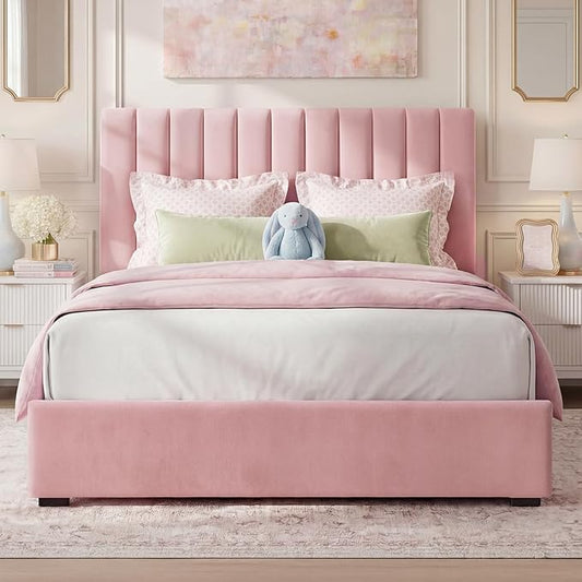 Welzona Upholstered Bed Frame Queen Size with Headboard, Velvet Vertical Channel Tufted Metal Platform Bed with 3-Level Height, Under-Bed Storage and Metal Support, Noise Free, Easy Assembly, Pink