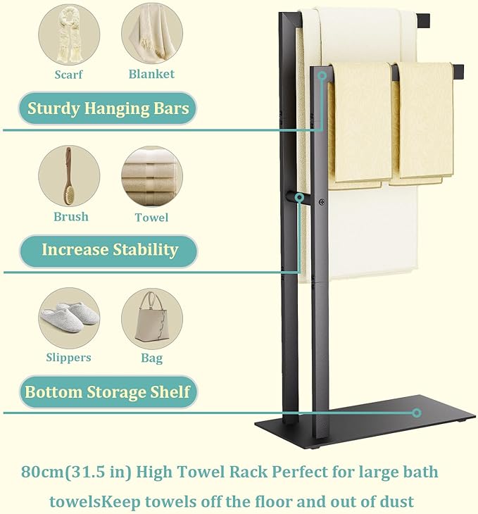 Yawinhe Free Standing Towel Rack, 2 Tier Blanket Holder with Marble Base, Metal Hand Towel Holder for Bathrooms, Drying and Display Rack with Shelf,15.7×7.87×31.49 inch,Black, SMJ003B