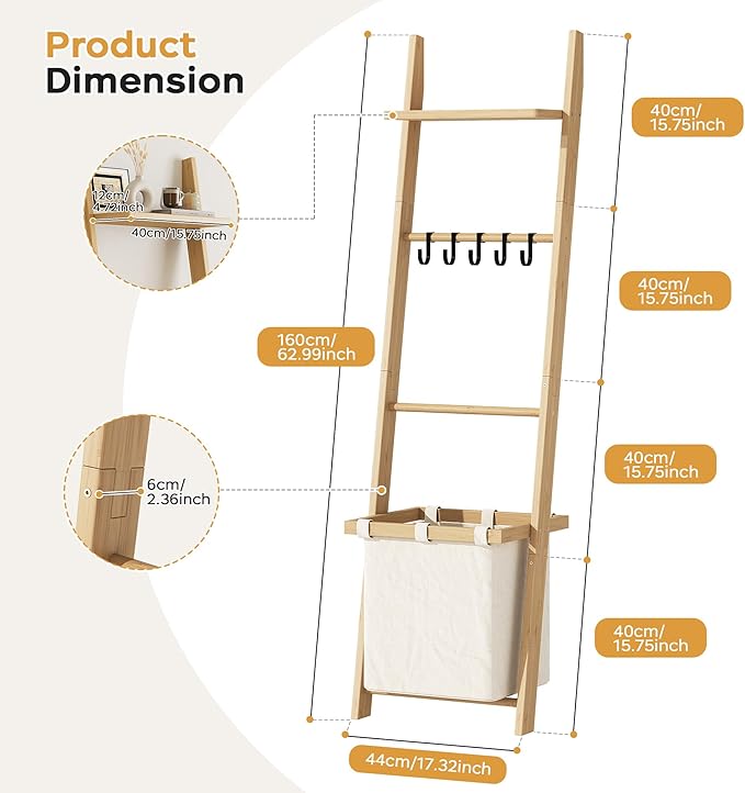 63" Bamboo Blanket Ladder with Shelf, Fabric Basket and 5 Hooks, 4 Tier Leaning Blanket Rack, Farmhouse Towel Ladder Rack, Decorative Quilt Rack Holder for Living Room Bedroom Bathroom, Natural Wood