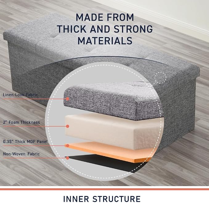 Ornavo Home Folding Storage Ottoman, 43 Inch Extra Large Storage Bench with Lid, Foot Rest Stool for Bedroom, Living Room, Entryway, Tufted Linen Upholstered - Gray