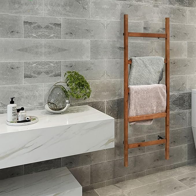 FUIN Wall Mounted 57in Wooden Blanket Ladder Living Room Decorative Farmhouse Quilt Display Holder Rustic Wood Towel Rack for Bathroom, Brown