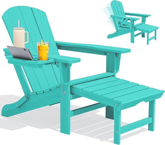 SERWALL Folding Adjustable Adirondack Chair with Footrest, HDPE Outdoor Chair with 4-in-1 Cup Holders, All Weather Adirondack Chair with Ottoman, Aruba