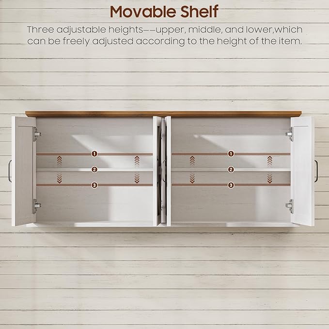 Halitaa 47" Laundry Room Cabinets and Storage with 4 Doors and Utility Adjustable Shelf, Large Wall Mounted Storage Cabinet, Upper Kitchen Cabinet for Laundry, Bathroom, and Kitchen, White and Brown