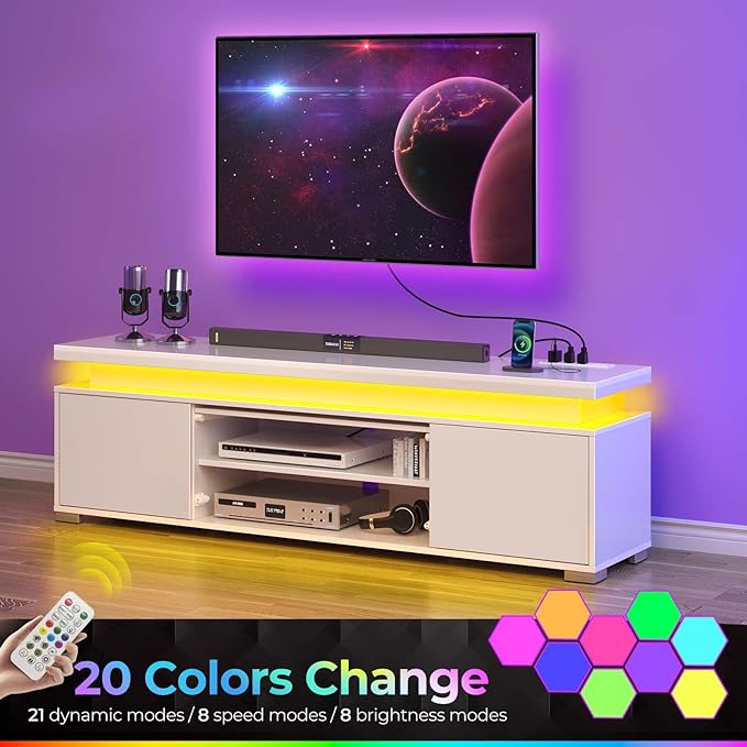 Rolanstar TV Stand with LED Lights & Power Outlet, Modern Entertainment Center for 32/43/50/55/65 Inchs TVs, Table, Universal Gaming Media Stand Storage Cabinet and Large Storage, White