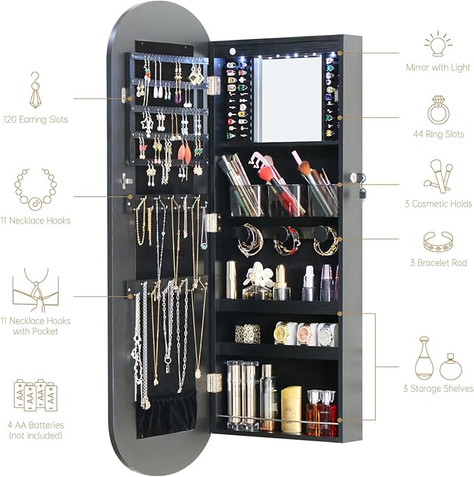 RGB Lighted Mirror Jewelry Armoire Organizer,LED Jewelry Cabinet Wall/Door Mounted, Over the Door Full-Length Lockable Rounded Wide Mirror with Storage Interior Mirror Black Gift for Her Chrismas