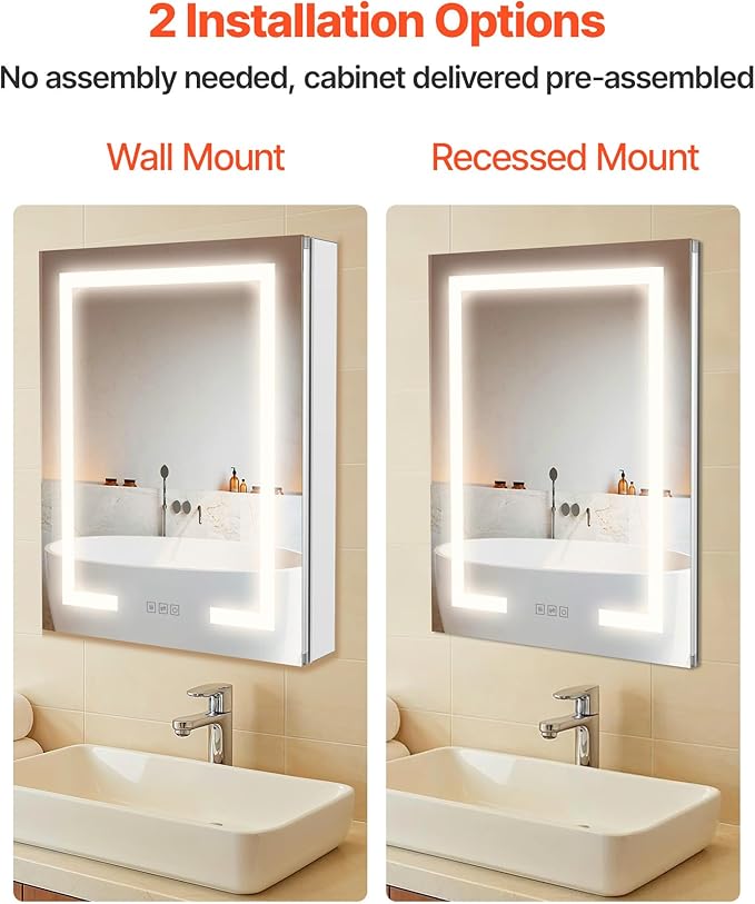VEVOR Lighted Medicine Cabinet with Mirror, 20 x 26 in Recessed or Wall Mount, 3 Color Dimmable LED Bathroom Medicine Cabinet with Double-Side Mirror, Adjustable Shelves, Memory Anti-Fog Function