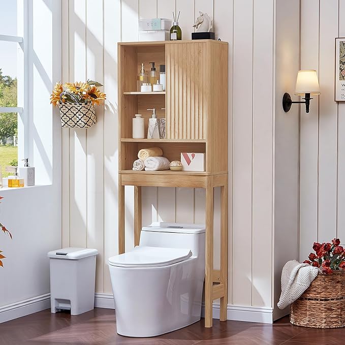 LEYAOYAO Fluted Over The Toilet Storage Cabinet, Farmhouse Over Toilet Bathroom Organizer with a Sliding Door, 68" Tall Wood Natural Freestanding Washer Shelf with Adjustable Shelf & Curved Profile
