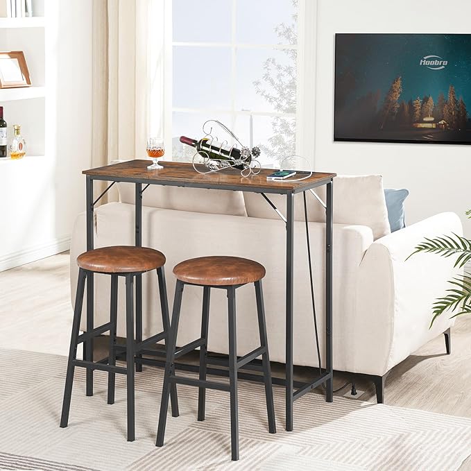 HOOBRO Bar Table with Charging Station, Rectangular Pub Table, High Top Coffee Table, Counter Bar Height Table, Narrow Long Dining Table, 35.4" L x 15.7" W x 35.6" H, Rustic Brown and Black BF90UBT01