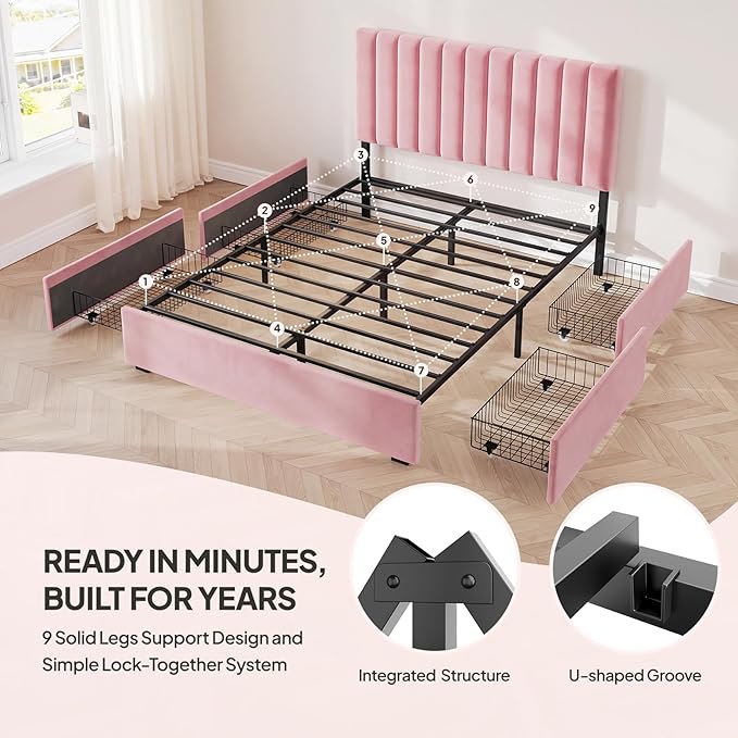 Welzona Queen Upholstered Bed Frame with 4 Storage Drawers, Velvet Upholstered Metal Platform Bed with Vertical Tufted Headboard, 3-Level Height, Metal Slat Support, Noise-Free Easy Assembly, Pink