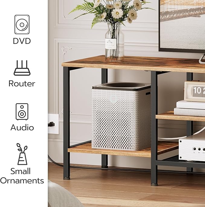 HOOBRO TV Stand with Power Outlets to 75 Inches, TV Console Table with Open Storage Shelves Cabinet, Industrial Media Entertainment Center for Living Room Bedroom, Rustic Brown and Black BF60DS01