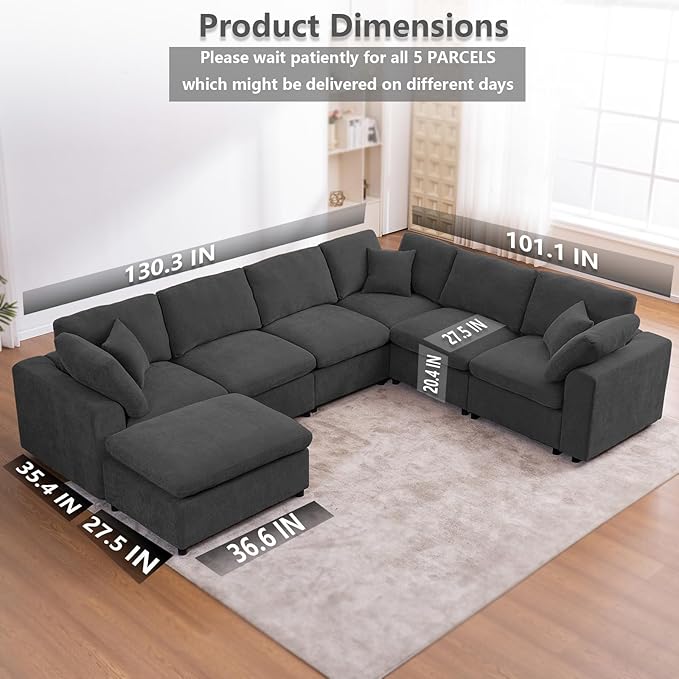 Oversized Modular Sectional Sofa Couch, Large 7 Seater Corner Sofa Modern U Shaped Sectional Couch with Ottoman Cloud Couches for Living Room, Office, Spacious Space, Dark Gray