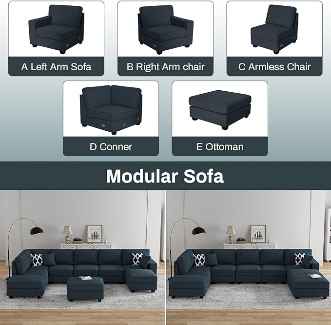 Legend Vansen Oversized Modular Sectional Sofa,U/L‑Shaped Reversible Couch with Ottoman,Deep Seat Plush Polyester Sofa for Living Room,9‑Seater,Charcoal
