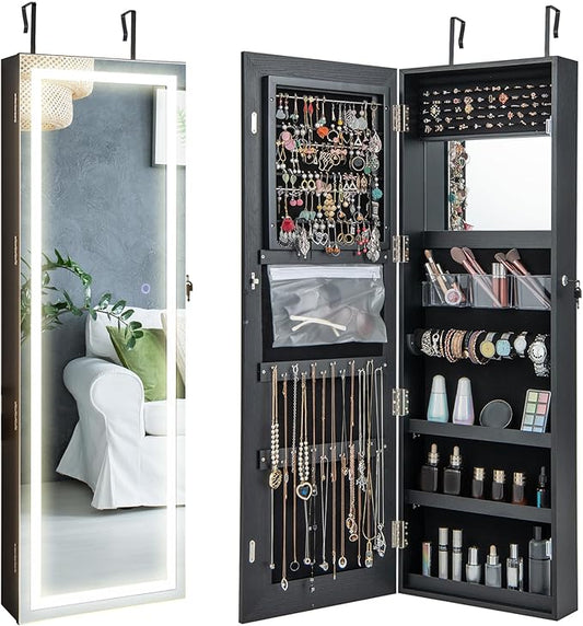 CHARMAID LED Mirror Jewelry Cabinet, 47.2'' Jewelry Armoire with Adjustable Lighted Full Length Mirror, Wall Mounted or Door Hanging, Lockable Jewelry Organizer Storage (Black, 47.2''H)
