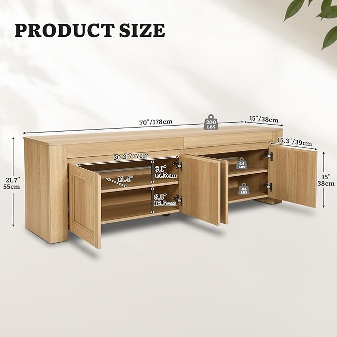 YITAHOME 70 inch TV Stand for up to 80 inch TVs, Farmhouse Entertainment Center with Storage Doors and Shelves, Media Console Table with Cable Holes for Living Room, Natural Oak