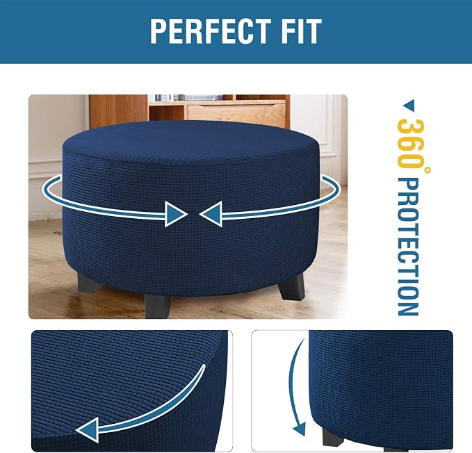 H.VERSAILTEX Ottoman Cover Stretch Ottoman Slipcover Round Ottoman Storage Cover Folding Stool Covers Furniture Protector Cover for Footrest Ottoman Fit Dia 30" - 41", Navy