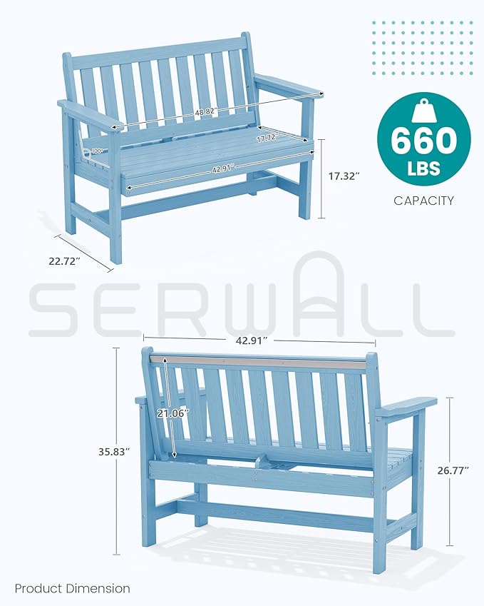 SERWALL Outdoor Bench, HDPE Outdoor Benches Weatherproof, 2-Person Garden Bench with 660 lbs Weight Capacity, Patio Benches for Outdoors, Garden, Porch, Backyard and Park, Light Blue, 2 Pack