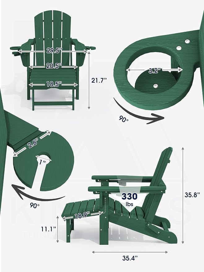 KINGYES Folding Adjustable Adirondack Chair with Retractable Ottoman Set of 4, HDPE Adirondack Recliner Chair with Footrest, Green