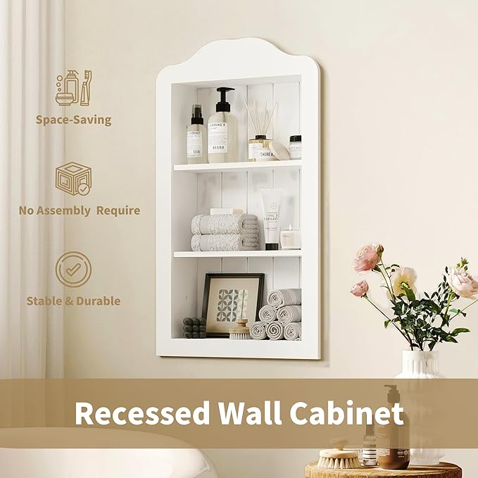 CJL 14'' x 24'' Victorian Recessed Medicine Cabinet, Solid Wood in-Wall Bathroom Cabinet, Wall Niche Shelf, 3-Tier, No MDF, White
