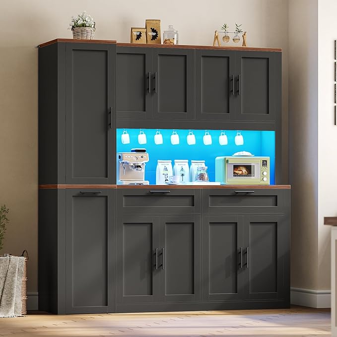 Itaar 71" Kitchen Pantry Cabinet with Charging Station and Led Light, Kitchen Storage Cabinets with Microwave Stand, 59" Wide Pantry Storage Cabinet with Storage Cart 3 Tier for Dining Room, Black