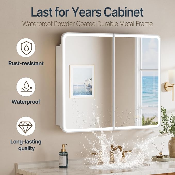 36x30 Inch Medicine Cabinet with Mirror, Recessed or Surface Mount Bathroom Medicine Cabinet with LED Lights, Anti-Fog, Memory Function, Adjustable Shelf, Dimmable Light, ETL Listed, White