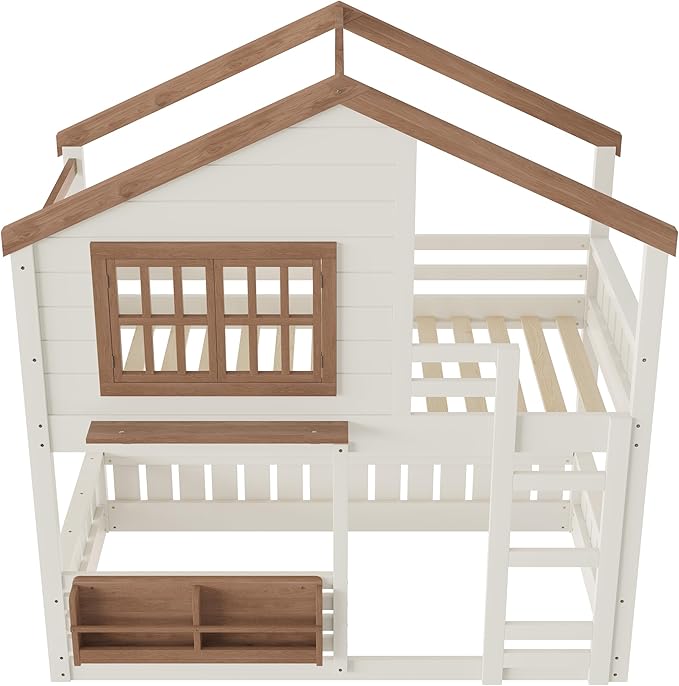 Twin Size House Bunk Bed Frame with Storage Bookshelf, Window, Wooden Floor Bunk Bed with Fences, Space Saving for Kids Adults, No Noise, Beige