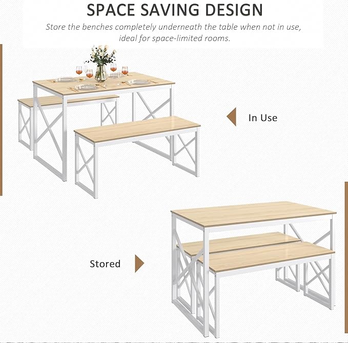 VECELO 43.3" Kitchen Dining Table Set for 4, Heavy-Duty Steel Frame & Wood-Grain Tabletop, Space-Saving Dinette Sets with 2 Benches for Breakfast Nook and Small Space, Natural