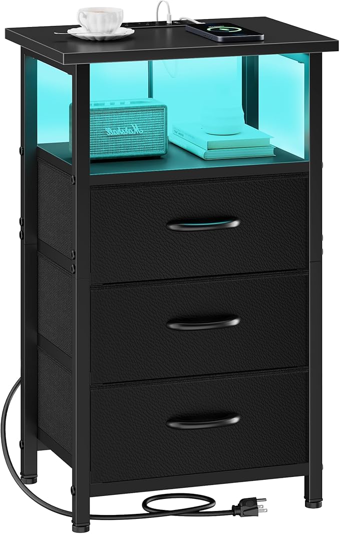 Vagusicc Night Stand with Charging Station, LED Nightstand for Bedroom, Bedside Table with 3 Fabric Drawers, End Table Side Table with USB Ports and Outlets, Bed Side Table for Bedroom, Black