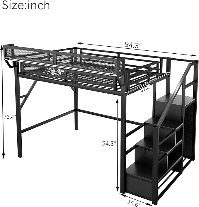 KEIKI Full Size Metal Loft Bed Frame with Convertible Staircase, Built-in Storage Shelves and Wardrobe, Loft Bed with Solid Slats, Guardrail, No Box Spring Required, Easy Assembly, for Bedroom, Black