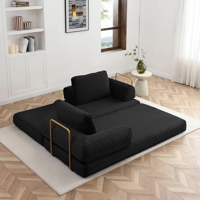 HANXIN 80 Inch Convertible Sleeper Sofa Bed, High Back Plush Corduroy Folding Floor Mattress Couch with Fixed-Shape Frame, Boneless Futon Loveseat with Pull Out Bed, No Assembly Required (Black)
