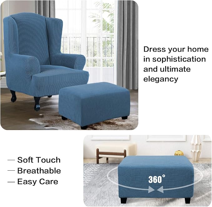 H.VERSAILTEX Ottoman Cover Slipcover Rectangle Fit Length 29'-34' Footrest Sofa Slipcovers Stool Cover Footstool Protector Covers Feature Stretch Soft Jacquard Fabric Removable Washable - Dusty Blue