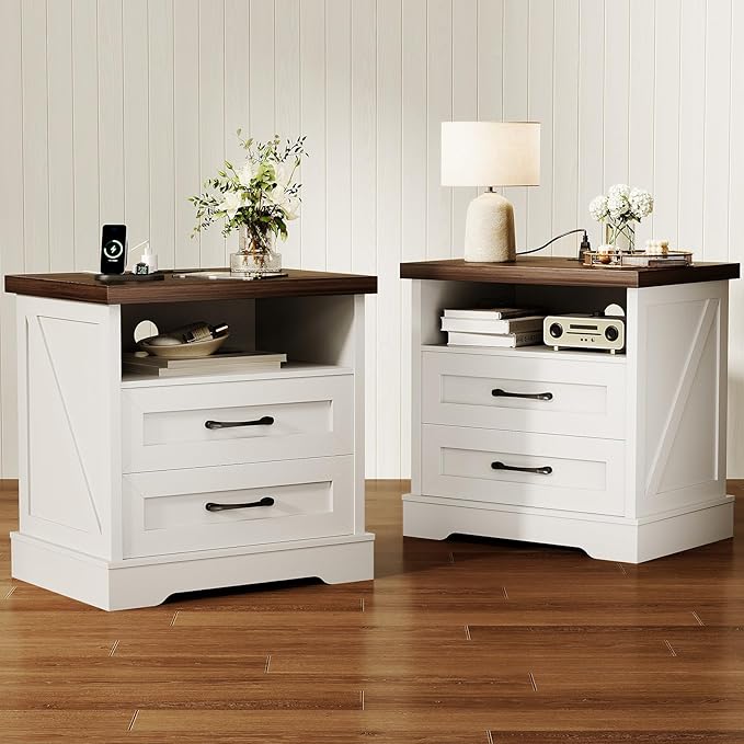 AODK 24 Inch Farmhouse Nightstand Set of 2, Bedside Tables with Charging Station, Wood End Tables with 2 Drawers and Open Shelf, Rustic Bed Side Table for Bedroom & Living Room, White & Dark Walnut