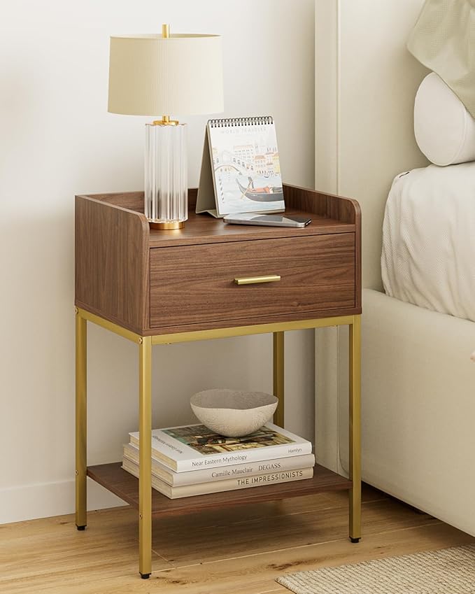 Masupu Nightstand, 3-Tier Modern Bedside Night Stand with Storage Drawer and Shelf, Small End Side Table for Bedroom, Living Room, Walnut