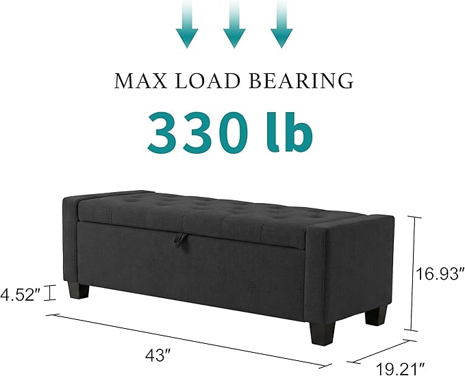 Huatean Home 43" Ottoman with Storage, Storage Ottoman Bench with Safety Hinge, Upholstered Entryway Bench with Seating for Bedroom, Living Room, Holds up to 330 lb, Dark Gray
