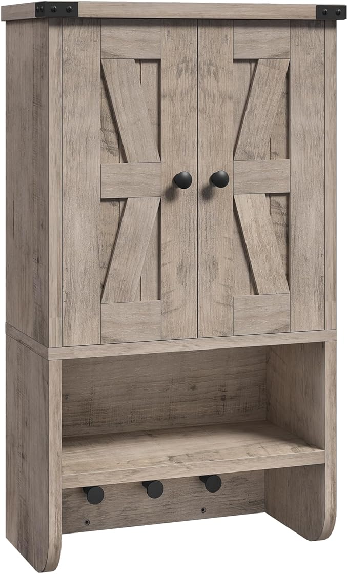 MAHANCRIS Bathroom Wall Cabinet, Farmhouse Medicine Cabinet with Adjustable Shelf, 3-Tier Wall-Mounted Storage Cabinet with 3 Hooks and Open Shelf, for Bathroom, Living Room, Kitchen, Greige