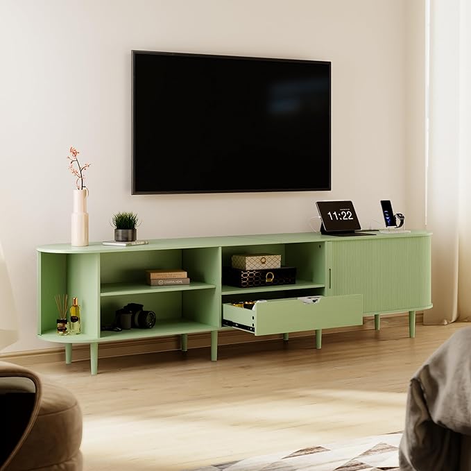 DHH 86.6" Fluted TV Stand with Power Outlet for TVs up to 90", TV Console with Adjustable Shelves and Sliding Door,Mid Century Modern Entertainment Center for Living Room,Bedroom (Green, 86.6Inch)