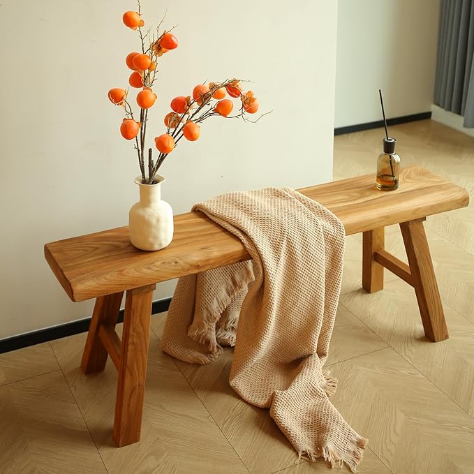 55.2in Wood Bench Indoor – Rustic Farmhouse Entryway Bench, Skinny Bench Design, Made of Extra-Thick Solid Wood, Perfect for Dining Room, Hallway, or End of Bed