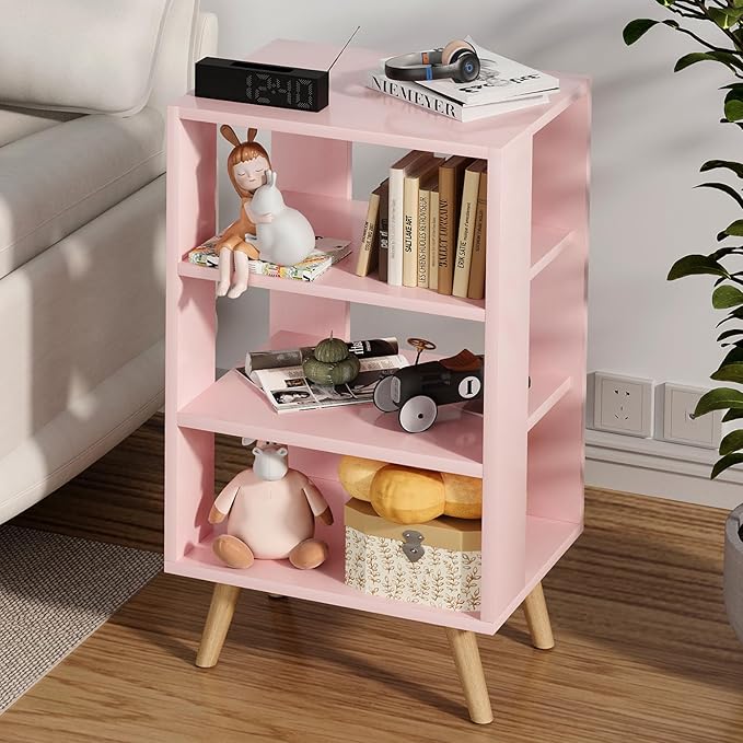 Aenuert Night Stand, Pink Nightstand, Modern End Table with Open Storage, 3-Tier Wooden Bedside Table for Small Space, Living Room, Bedroom