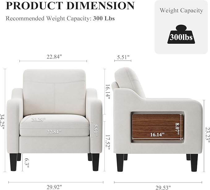 Accent Chair for Living Room, Mid-Century Upholstered Armchair with Foldable Table & 2 Side Pockets, Modern Linen Wooden Sofa Chair for Bedroom & Reading Room, Beige