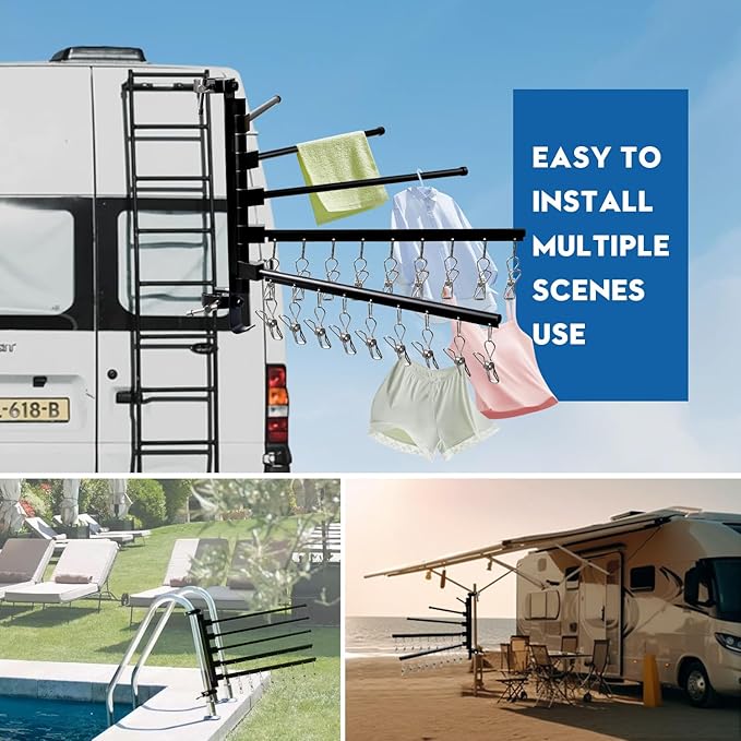 Upgrade RV Clothes Drying Rack, Five 15.3" Long Rack Arms with 18 Clips, Aluminum, 304 Stainless Steel Accessories for Ladder, Boats, RV, Camper, Trailer, Travel, Hotel, Home